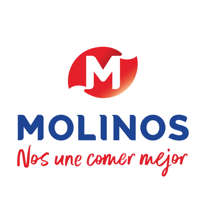 Logotipo con un símbolo "M" rojo y blanco encima de la palabra "MOLINOS" en azul, y la frase "Nos une comer mejor" en texto rojo escrito a mano debajo.